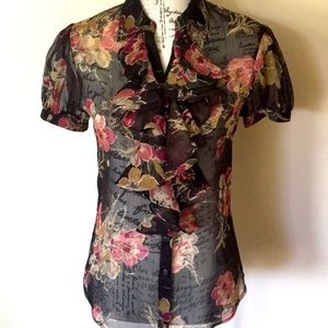 Sz XS NWOT Lauren RL brown floral sheer ruffle blouse 👚